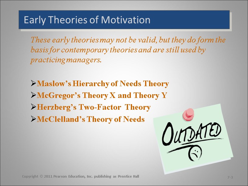 Early Theories of Motivation These early theories may not be valid, but they do